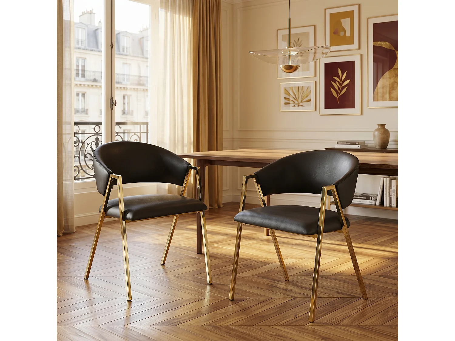 Lot de 2 chaises de salle à manger en similicuir noir cadre métal doré