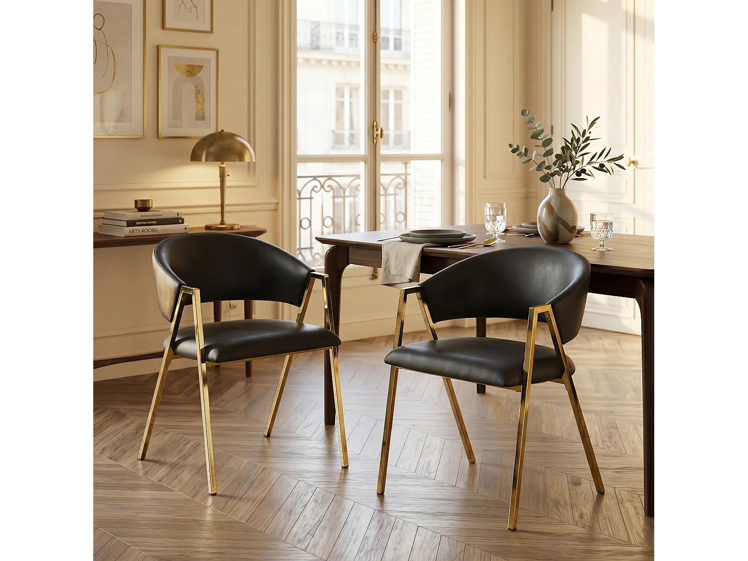 Lot de 2 chaises de salle à manger en similicuir noir cadre métal doré