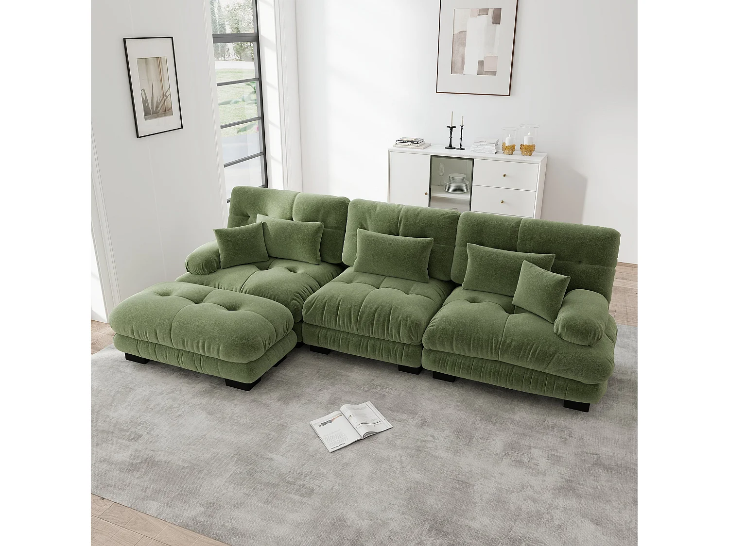 Canapé d'angle 3 places capitonné en chenille vert, avec pouf