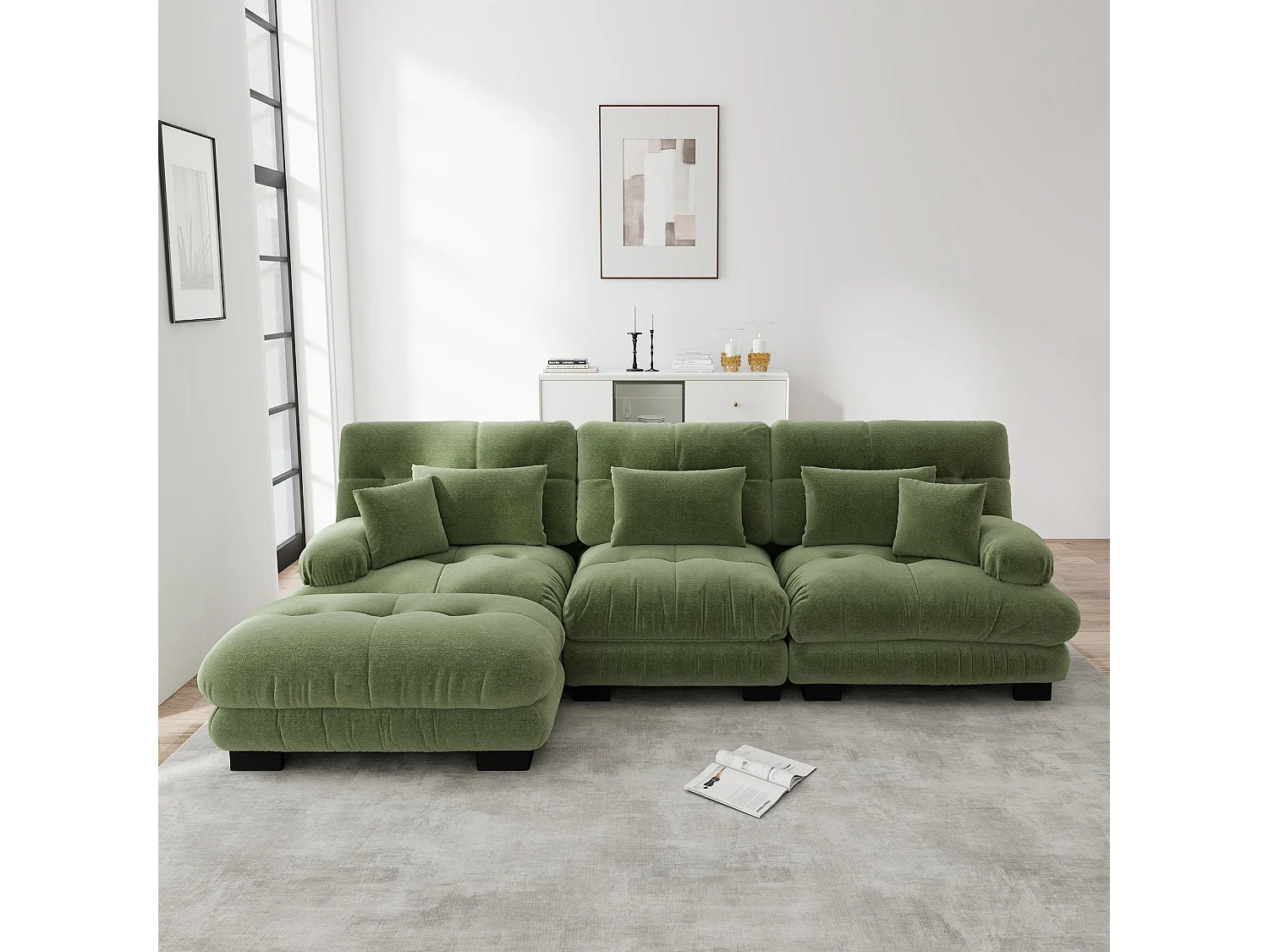 Canapé d'angle 3 places capitonné en chenille vert, avec pouf