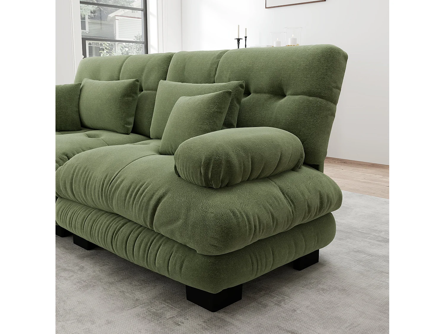 Canapé d'angle 3 places capitonné en chenille vert, avec pouf