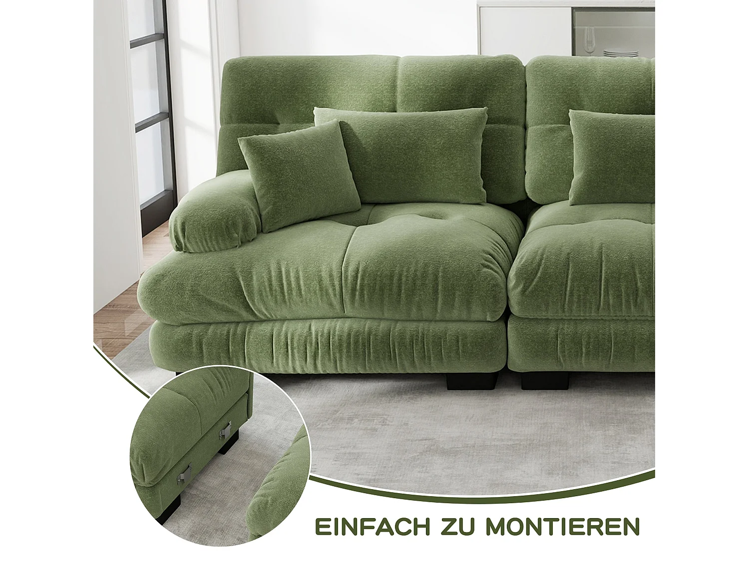 Canapé d'angle 3 places capitonné en chenille vert, avec pouf