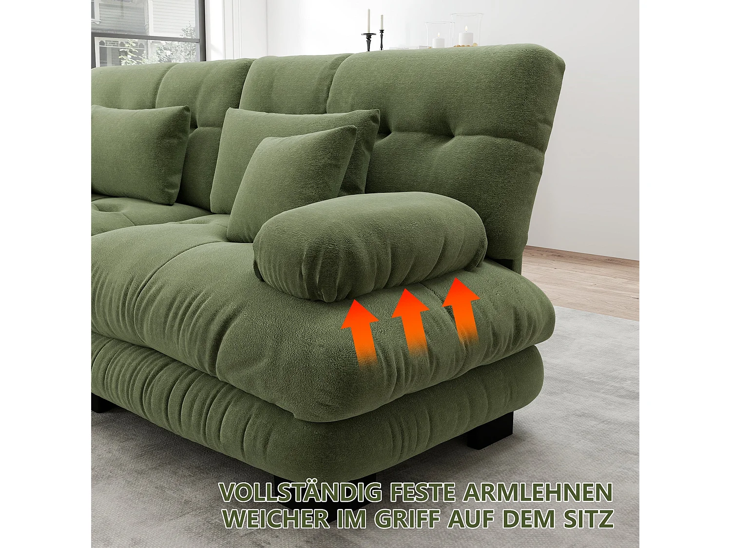 Canapé d'angle 3 places capitonné en chenille vert, avec pouf