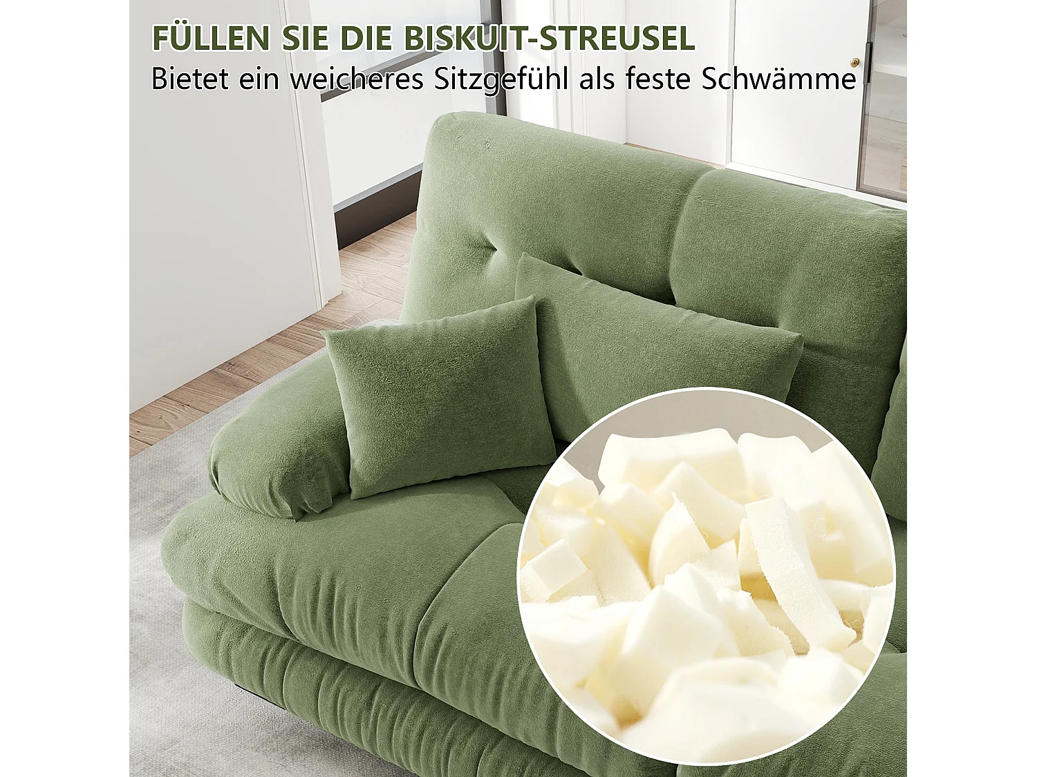 Canapé d'angle 3 places capitonné en chenille vert, avec pouf