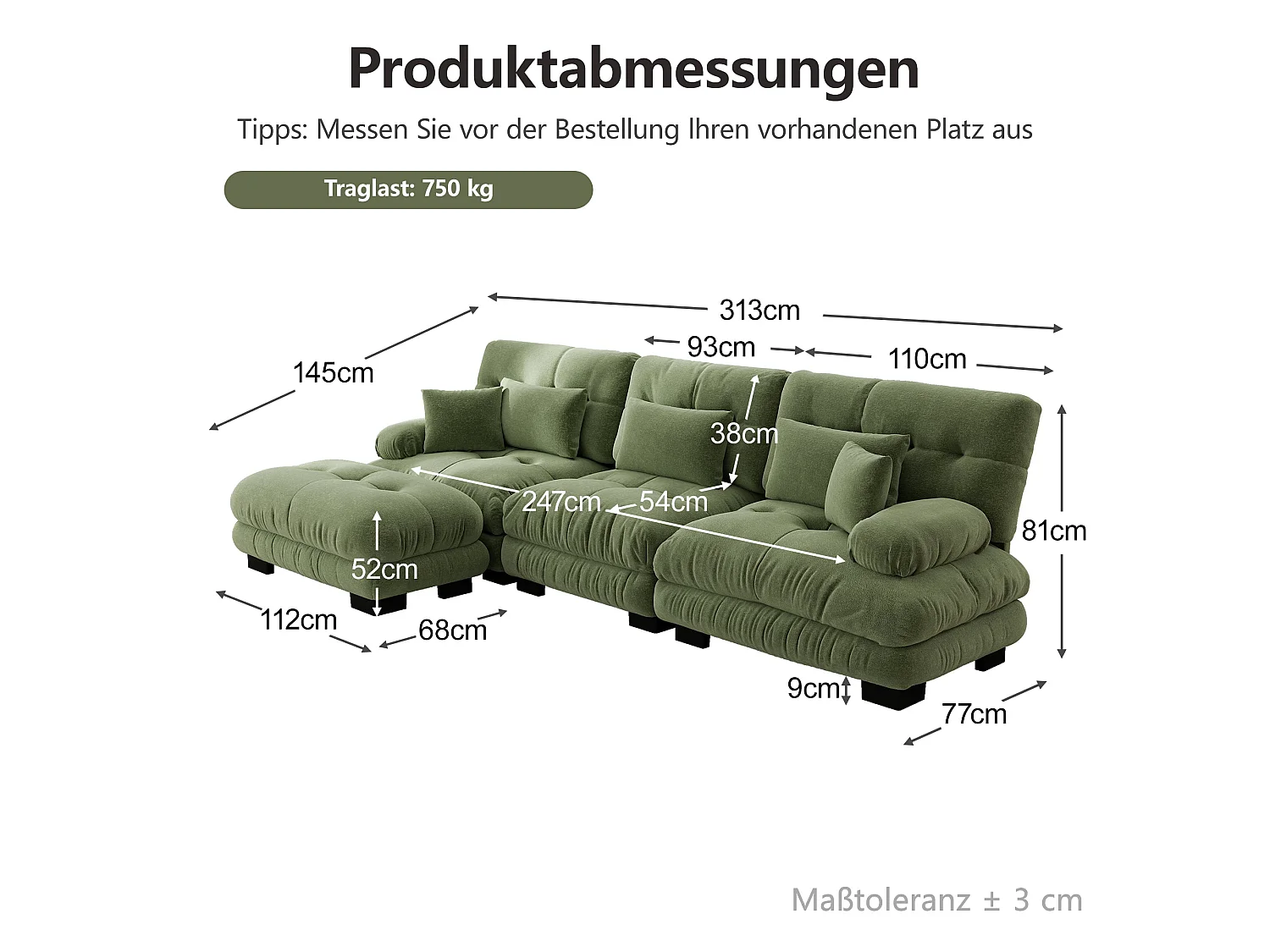 Canapé d'angle 3 places capitonné en chenille vert, avec pouf