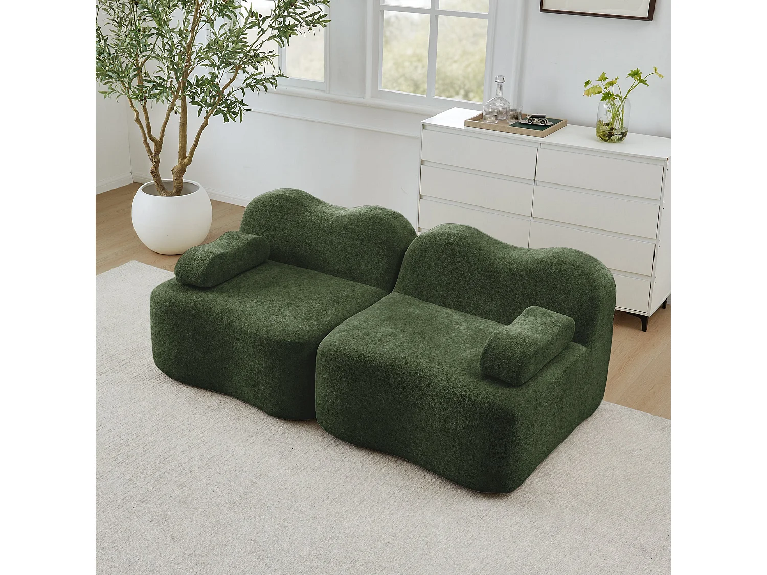 Canapé modulaire 2 places en velours vert foncé, forme ondulée