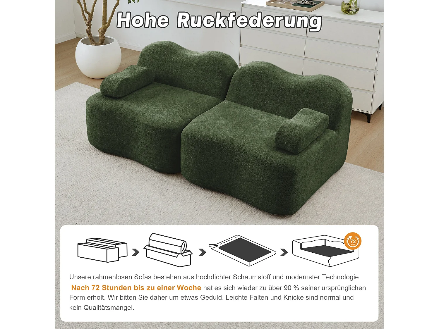 Canapé modulaire 2 places en velours vert foncé, forme ondulée