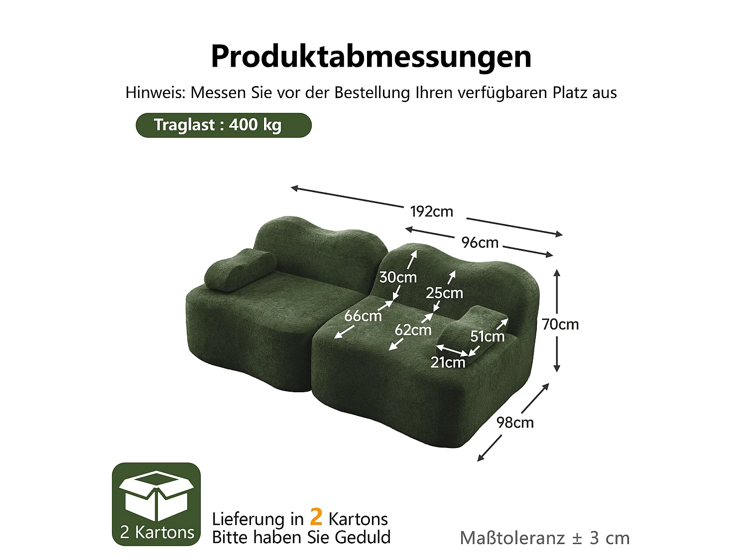 Canapé modulaire 2 places en velours vert foncé, forme ondulée