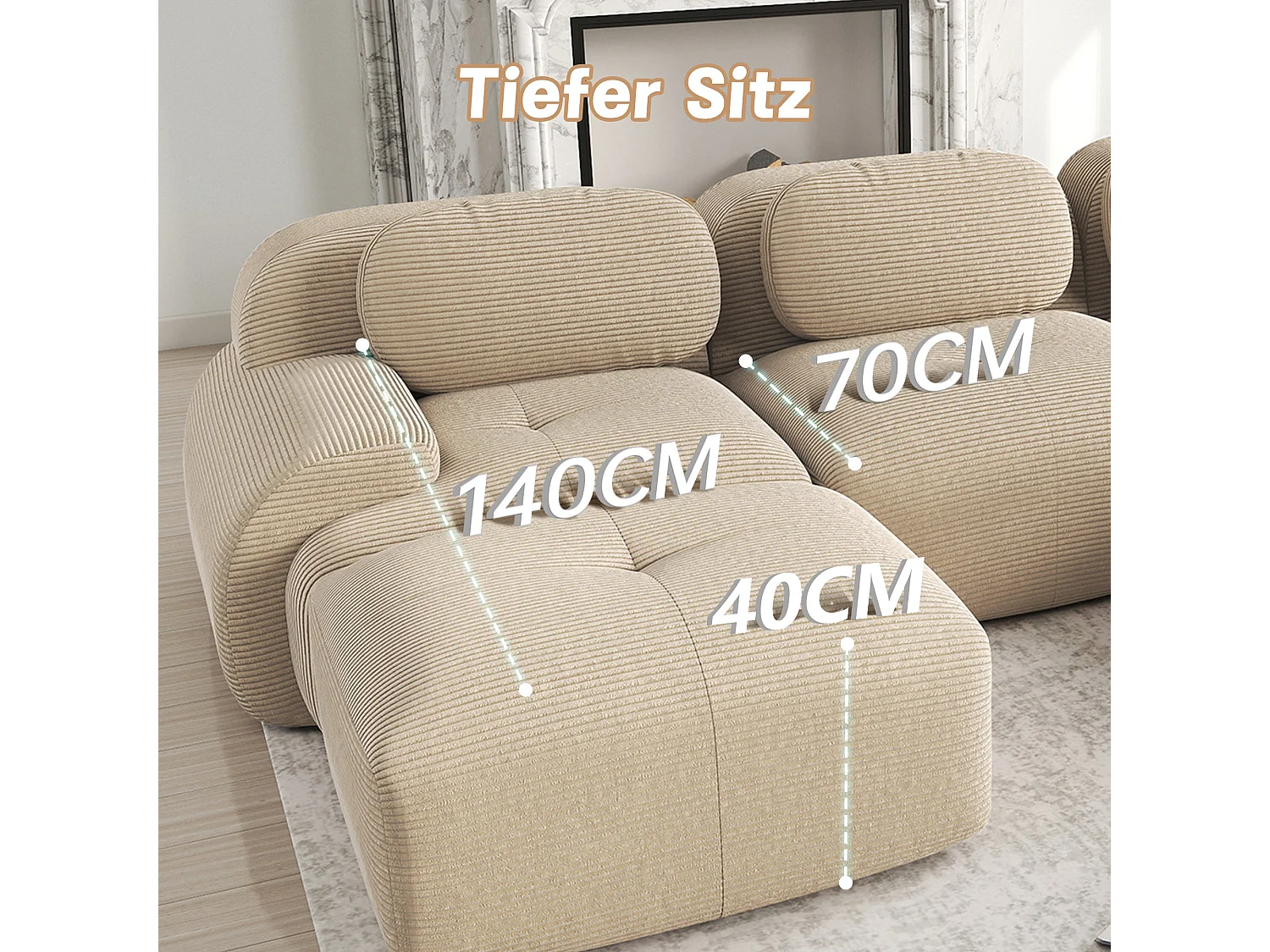 Canapé d'angle modulable en velours beige avec pouf et accoudoirs
