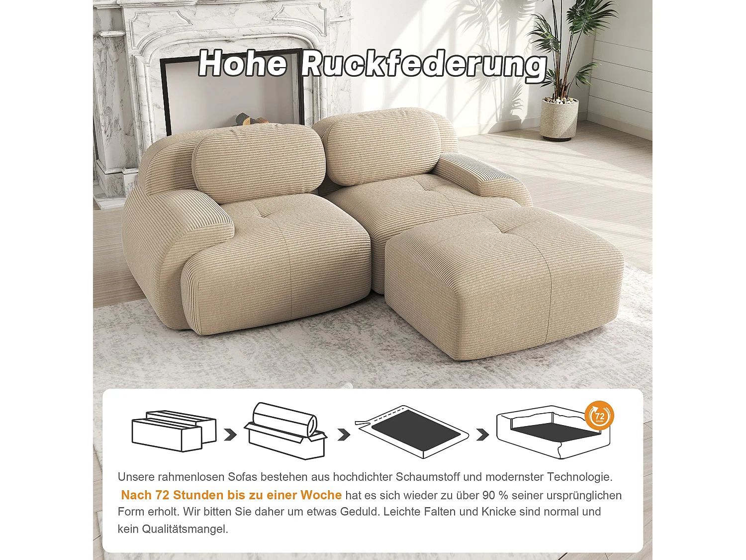 Canapé d'angle modulable en velours beige avec pouf et accoudoirs