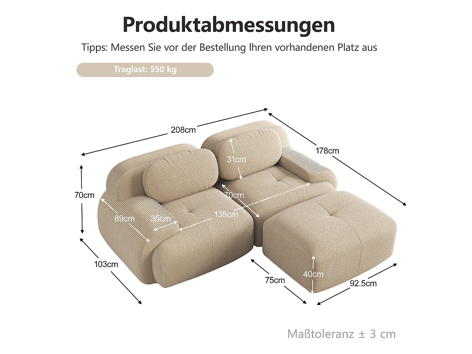 Canapé d'angle modulable en velours beige avec pouf et accoudoirs