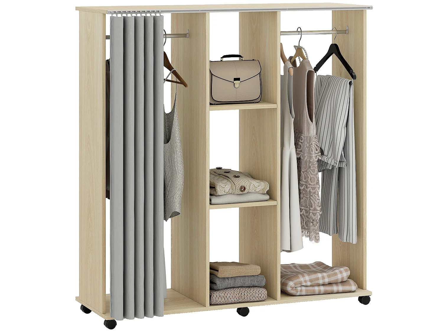 Armoire penderie mobile sur roulettes - 2 tringles, 2 étagères, rideau - 120 x 40 x 128 - effet bois clair