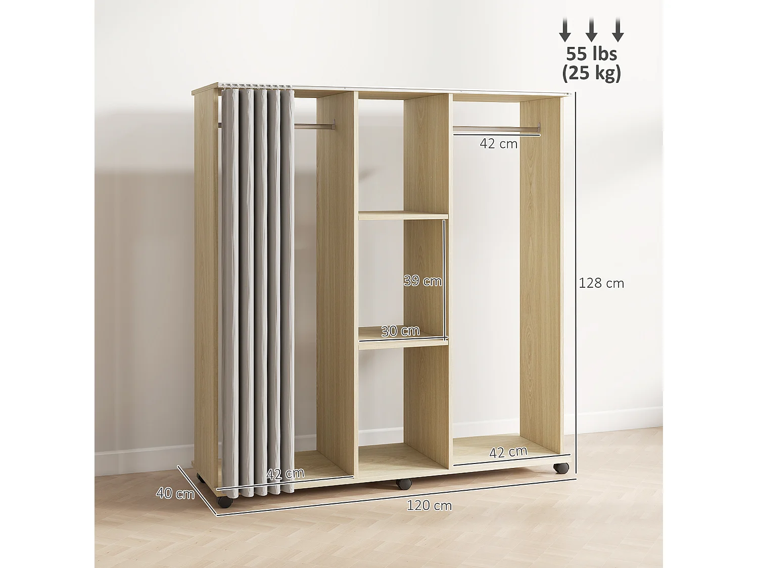 Armoire penderie mobile sur roulettes - 2 tringles, 2 étagères, rideau - 120 x 40 x 128 - effet bois clair