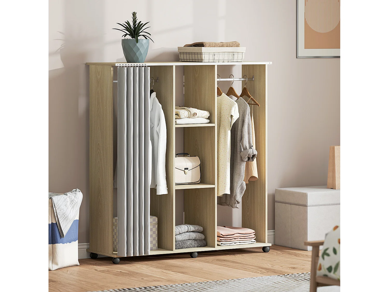 Armoire penderie mobile sur roulettes - 2 tringles, 2 étagères, rideau - 120 x 40 x 128 - effet bois clair
