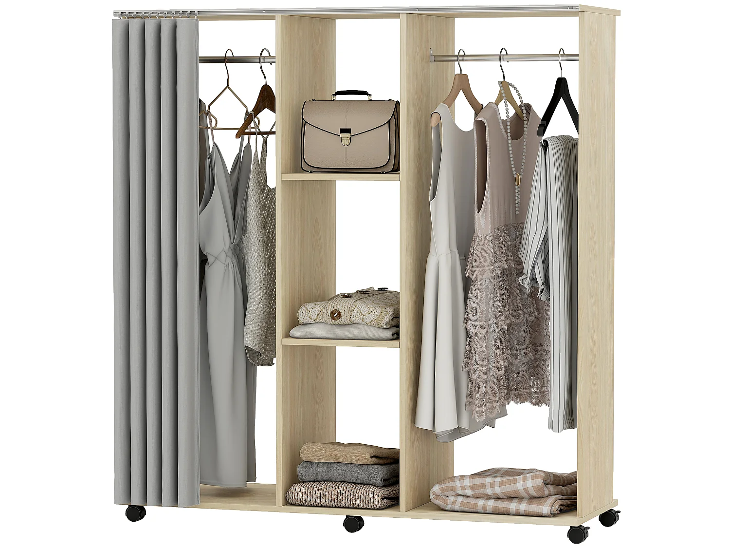 Armoire penderie mobile sur roulettes - 2 tringles, 2 étagères, rideau - 120 x 40 x 128 - effet bois clair