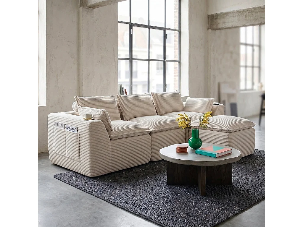 Canapé modulable 3 places avec pouf et coussins tissu chenille beige