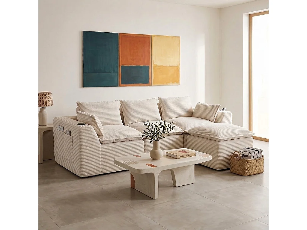 Canapé modulable 3 places avec pouf et coussins tissu chenille beige