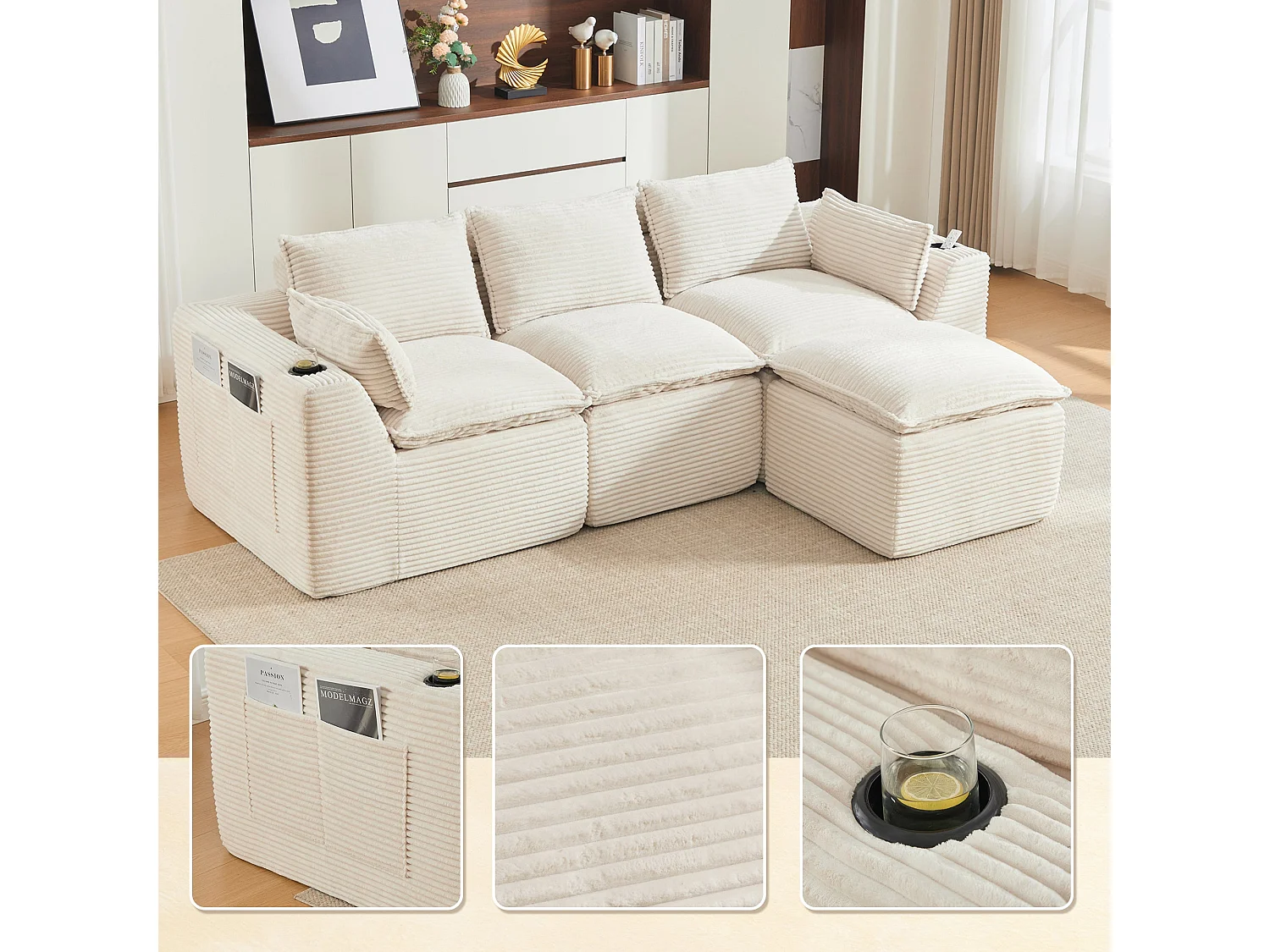 Canapé modulable 3 places avec pouf et coussins tissu chenille beige
