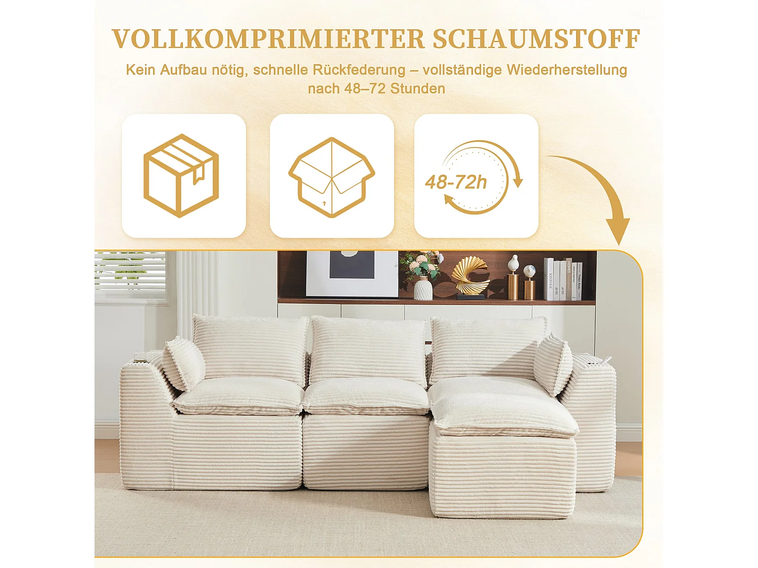 Canapé modulable 3 places avec pouf et coussins tissu chenille beige
