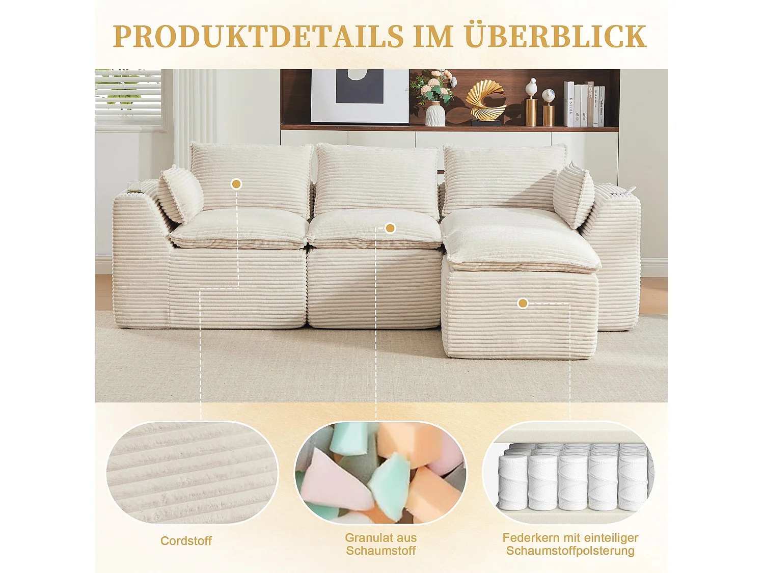 Canapé modulable 3 places avec pouf et coussins tissu chenille beige