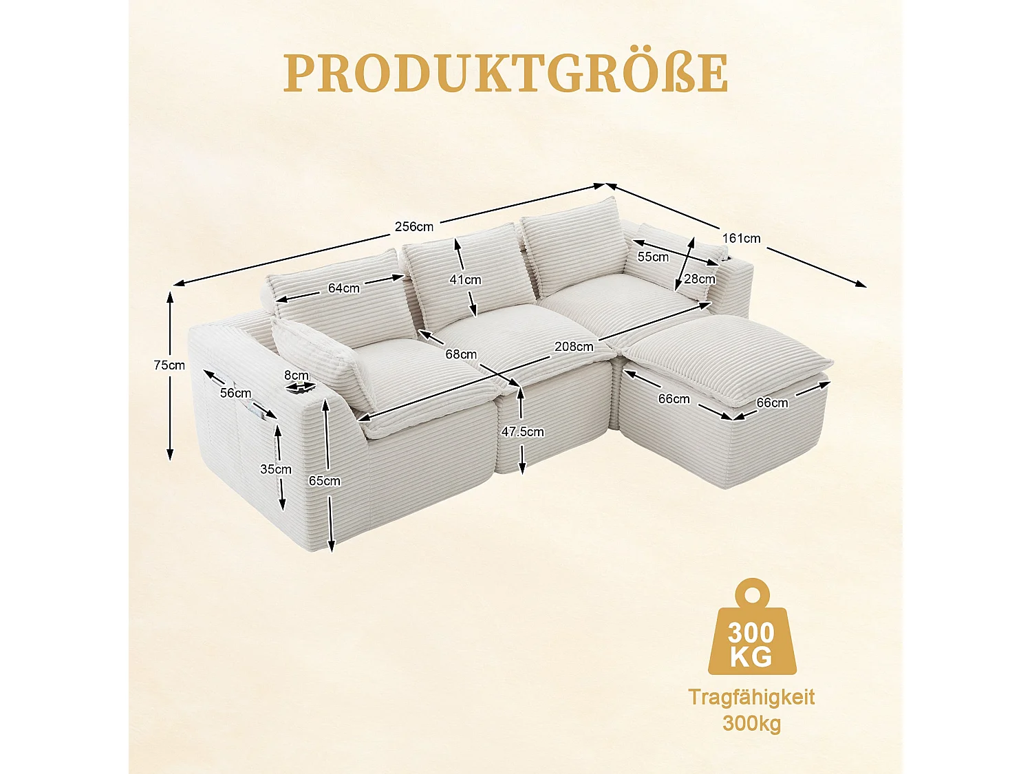 Canapé modulable 3 places avec pouf et coussins tissu chenille beige