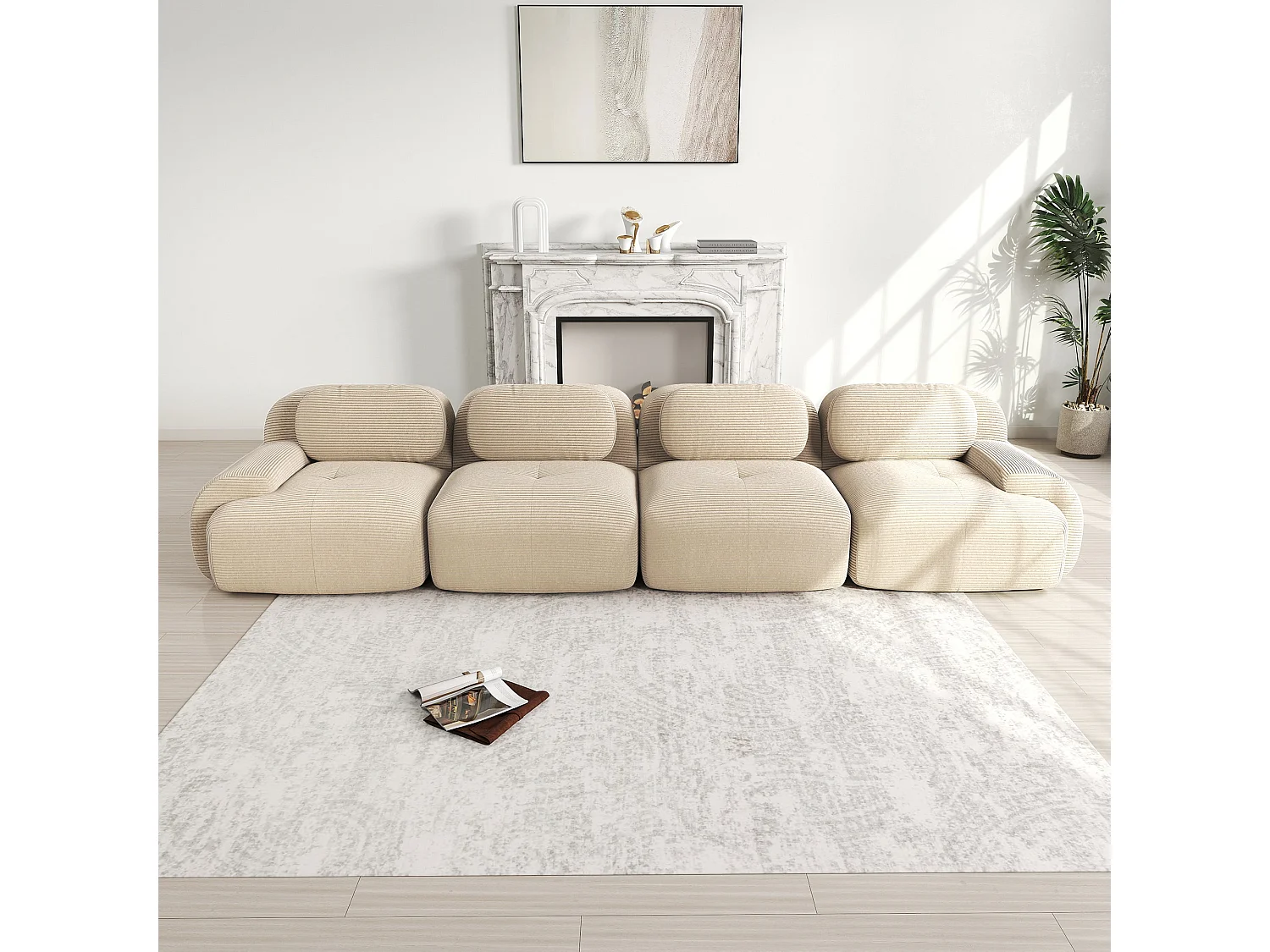 Canapé modulable 4 places en velours beige et accoudoirs courbés