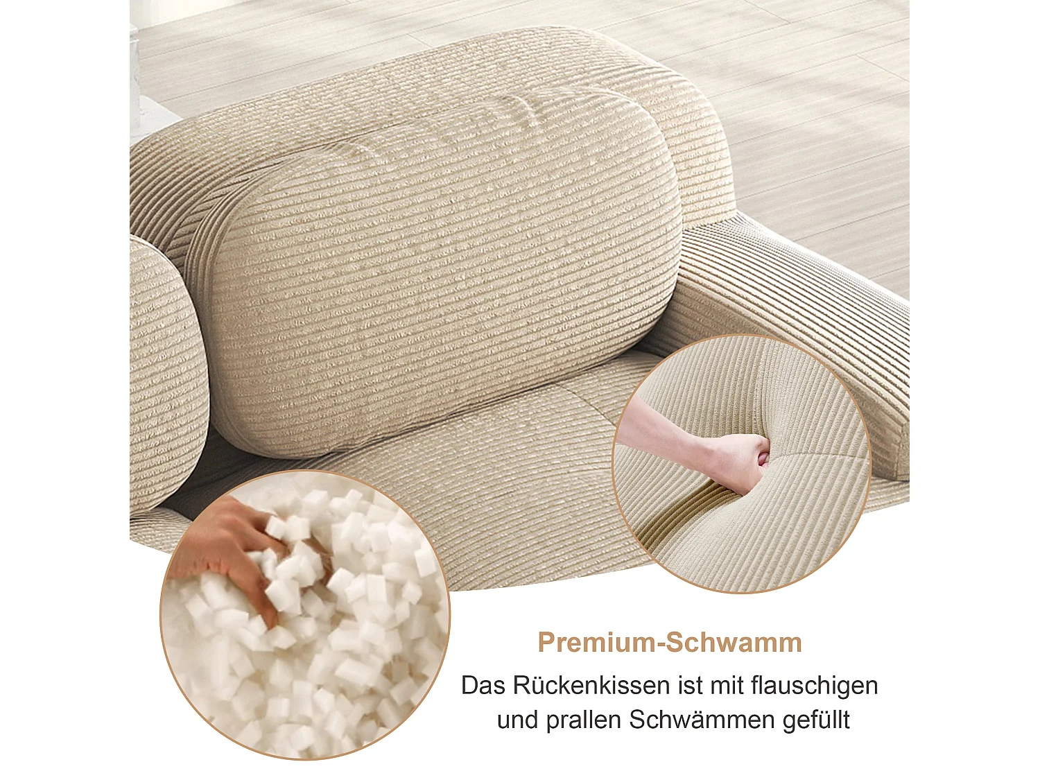 Canapé modulable 4 places en velours beige et accoudoirs courbés