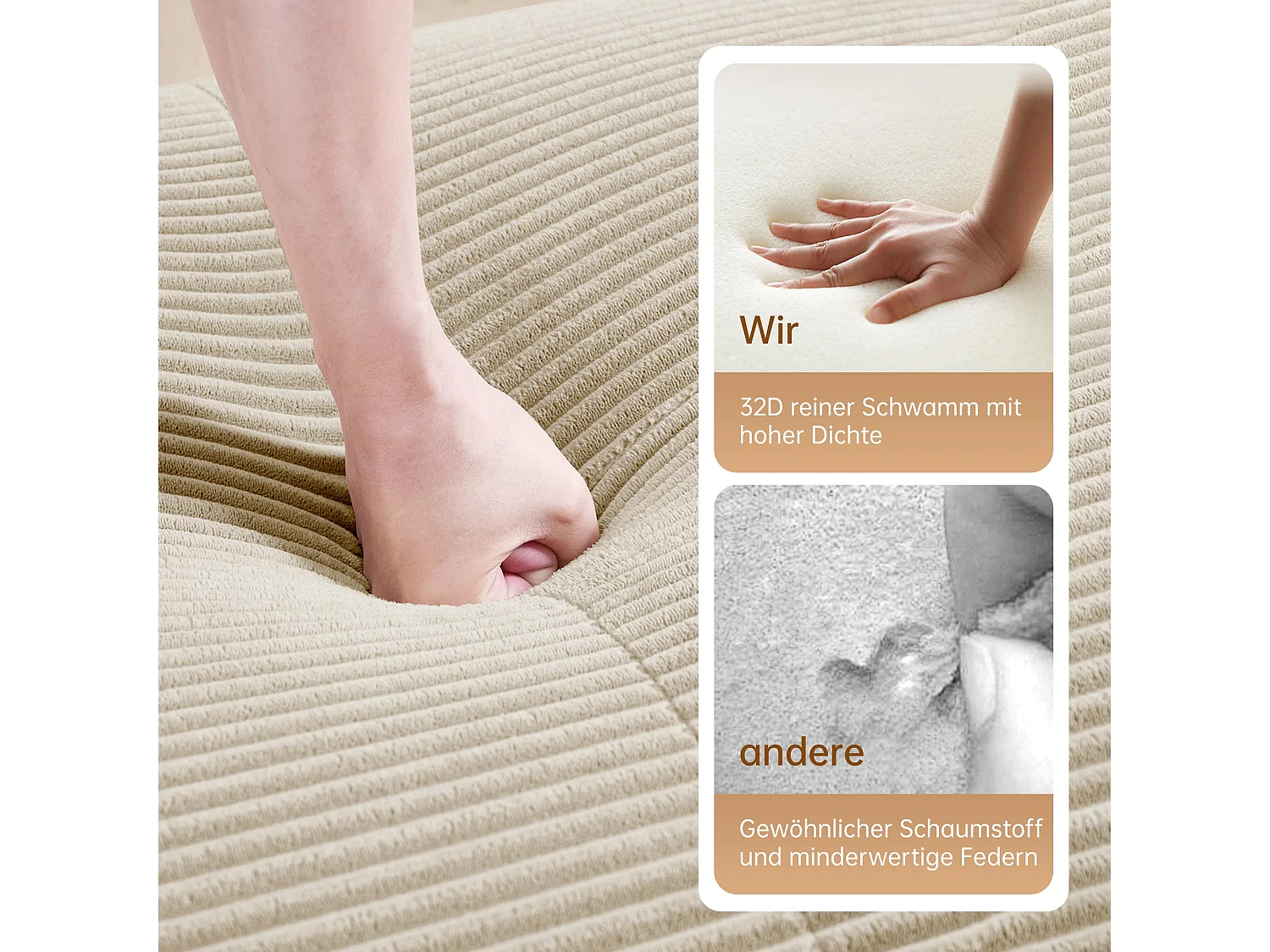 Canapé modulable 4 places en velours beige et accoudoirs courbés