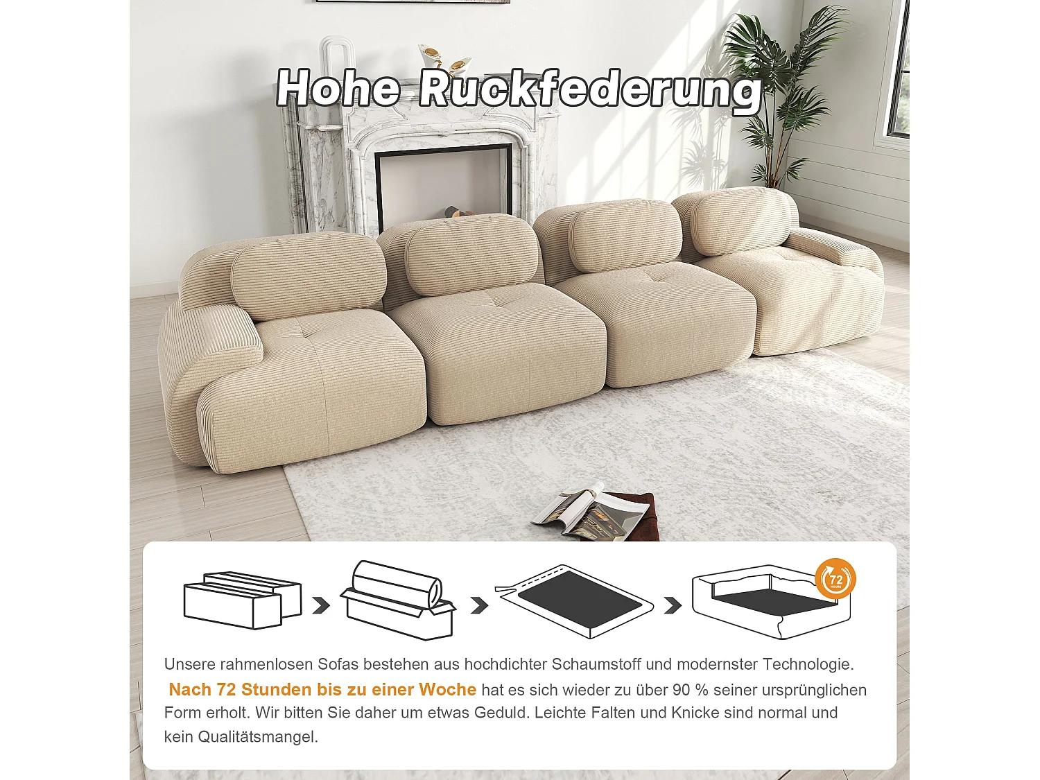 Canapé modulable 4 places en velours beige et accoudoirs courbés