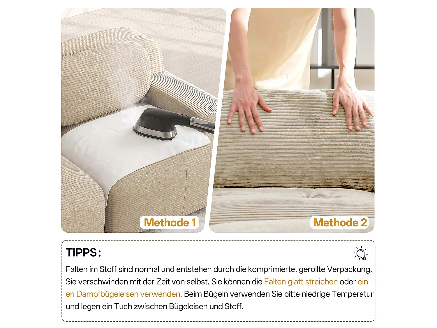 Canapé modulable 4 places en velours beige et accoudoirs courbés