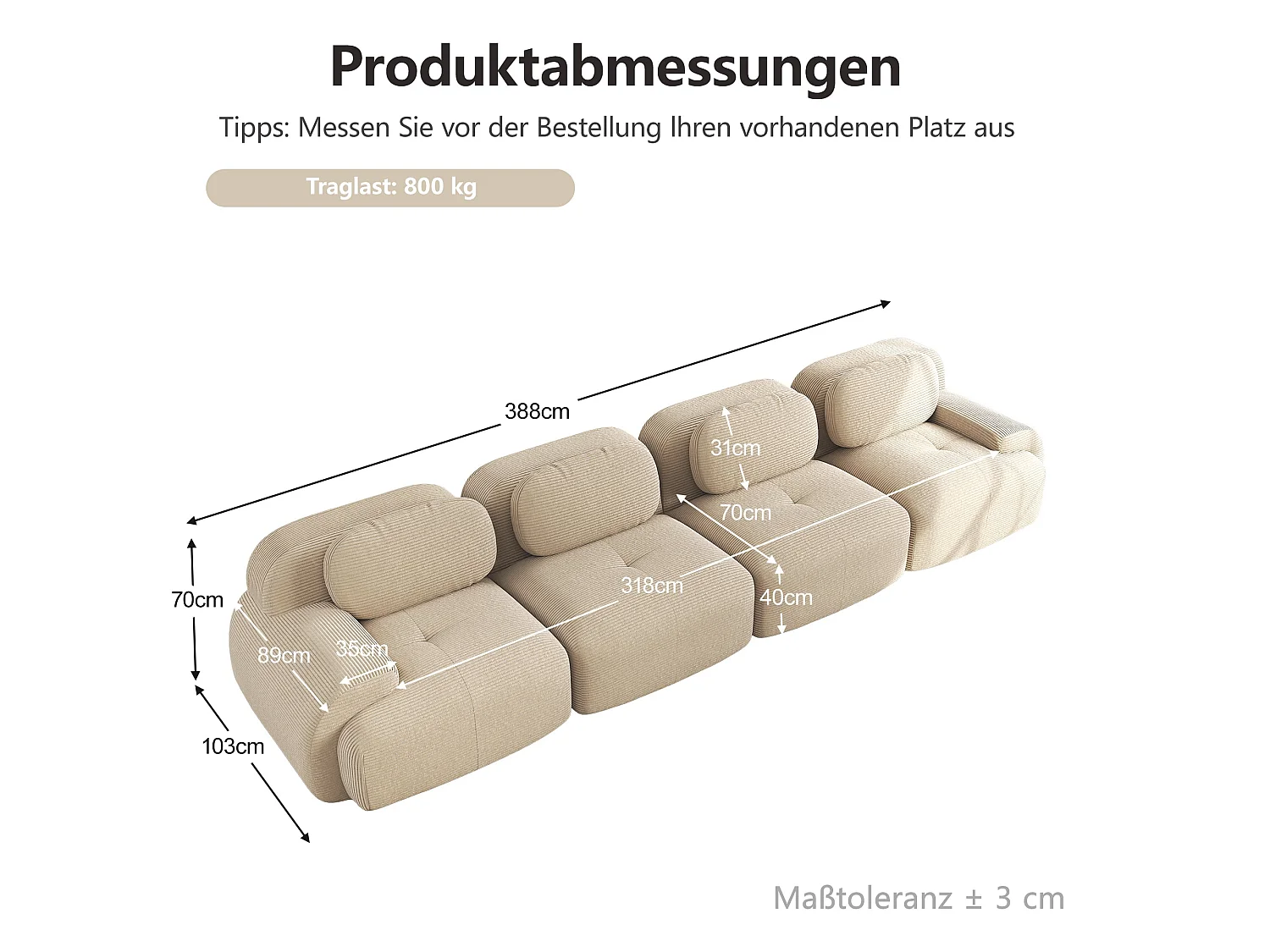 Canapé modulable 4 places en velours beige et accoudoirs courbés