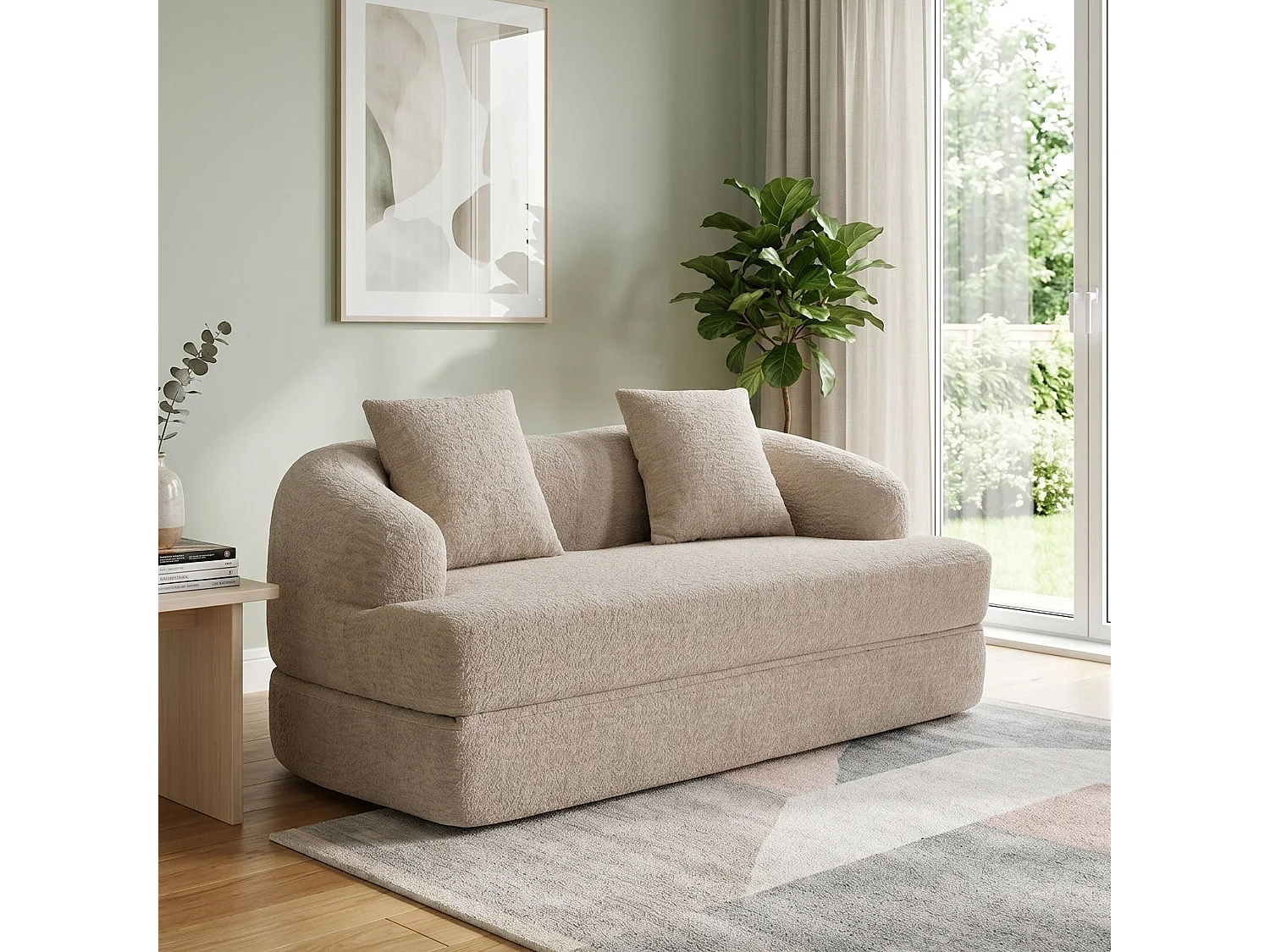 Canapé-lit convertible en chenille beige sans montage 157x84cm