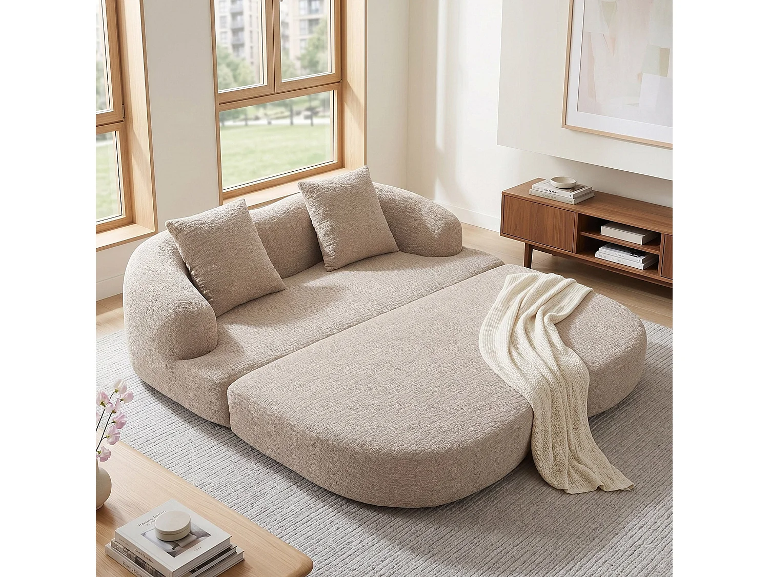 Canapé-lit convertible en chenille beige sans montage 157x84cm