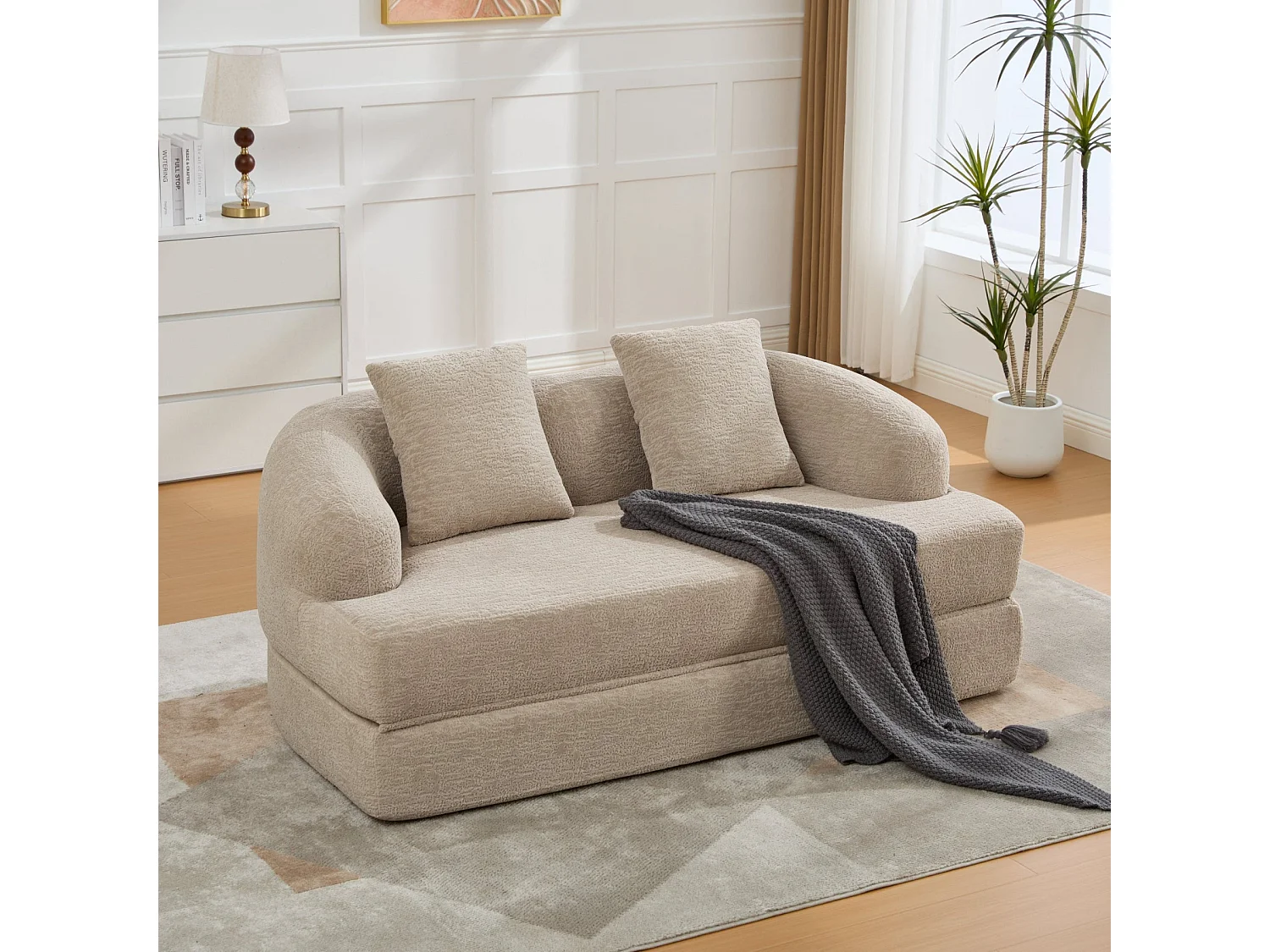 Canapé-lit convertible en chenille beige sans montage 157x84cm