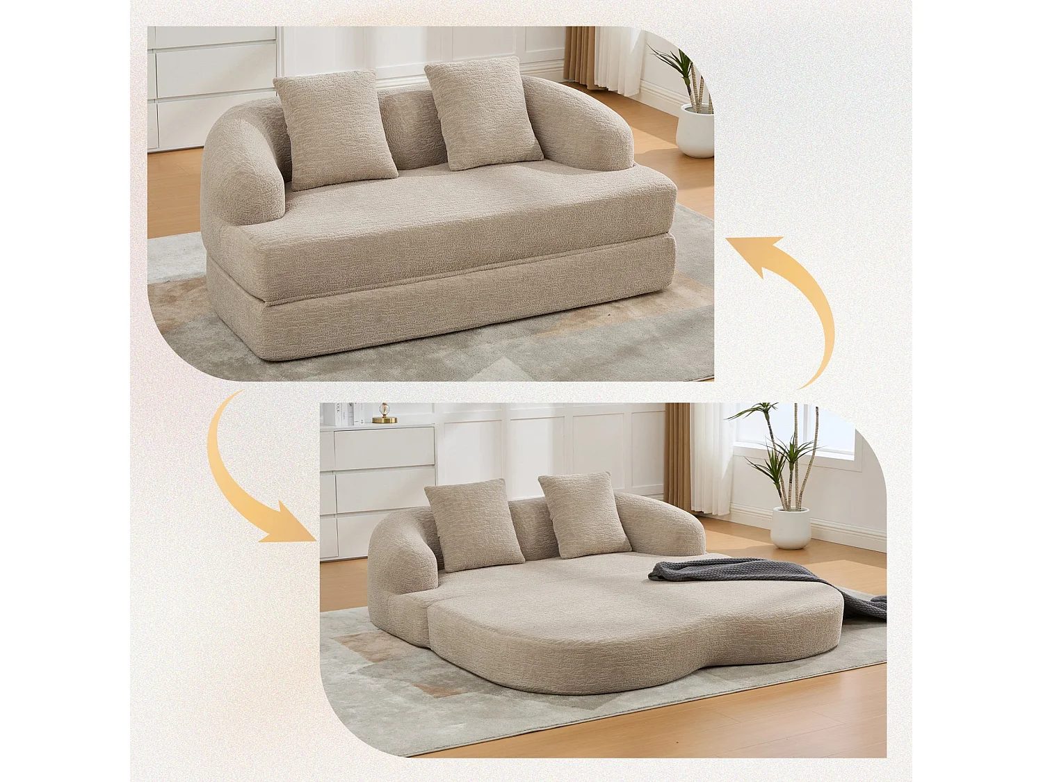 Canapé-lit convertible en chenille beige sans montage 157x84cm