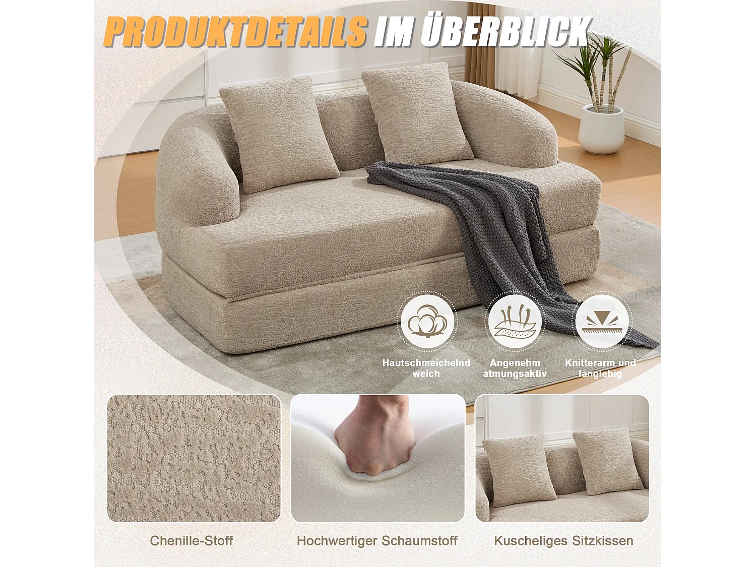 Canapé-lit convertible en chenille beige sans montage 157x84cm