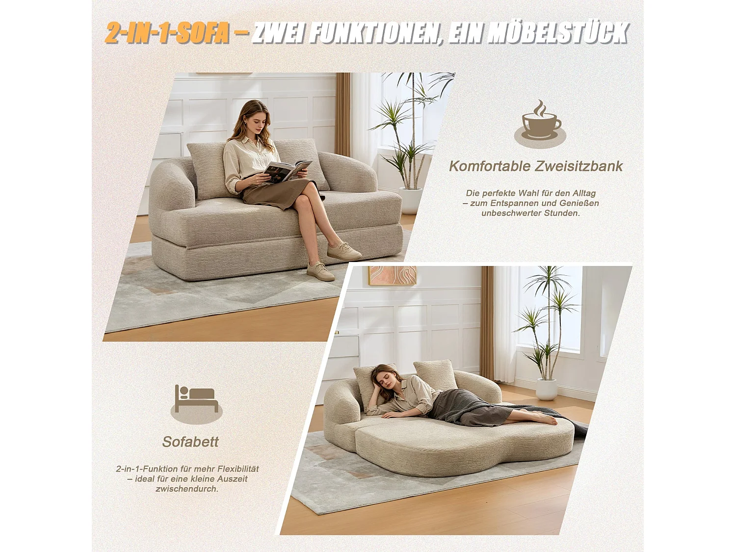 Canapé-lit convertible en chenille beige sans montage 157x84cm