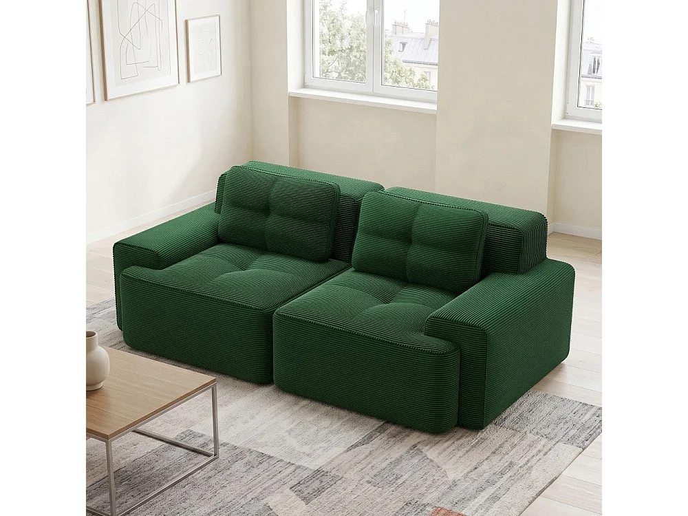 Canapé modulable 2 places en velours côtelé vert 204x104cm