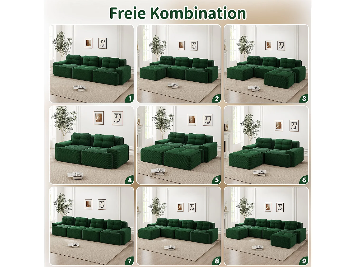 Canapé modulable 2 places en velours côtelé vert 204x104cm