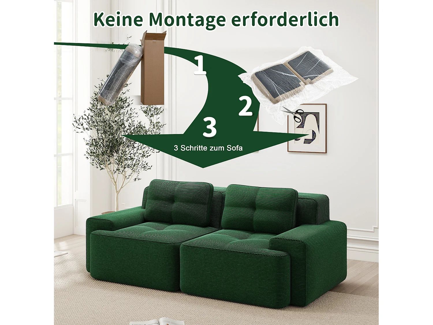 Canapé modulable 2 places en velours côtelé vert 204x104cm