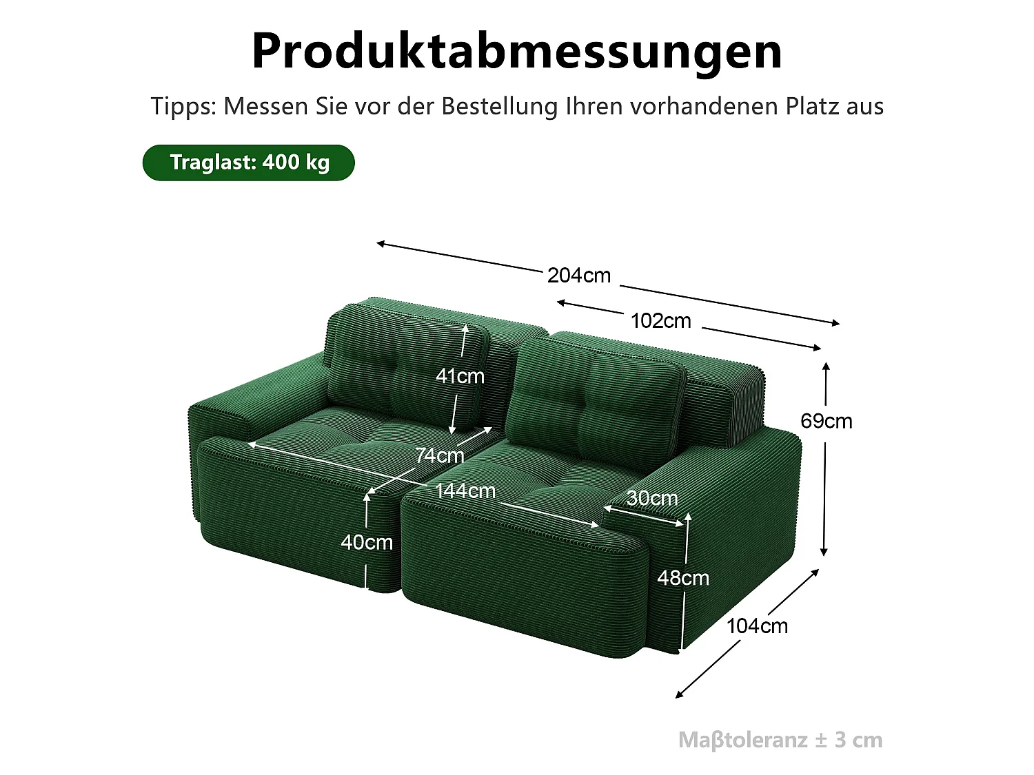 Canapé modulable 2 places en velours côtelé vert 204x104cm