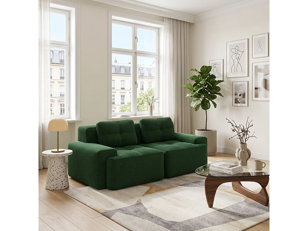 Canapé modulable 2 places en velours côtelé vert 204x104cm
