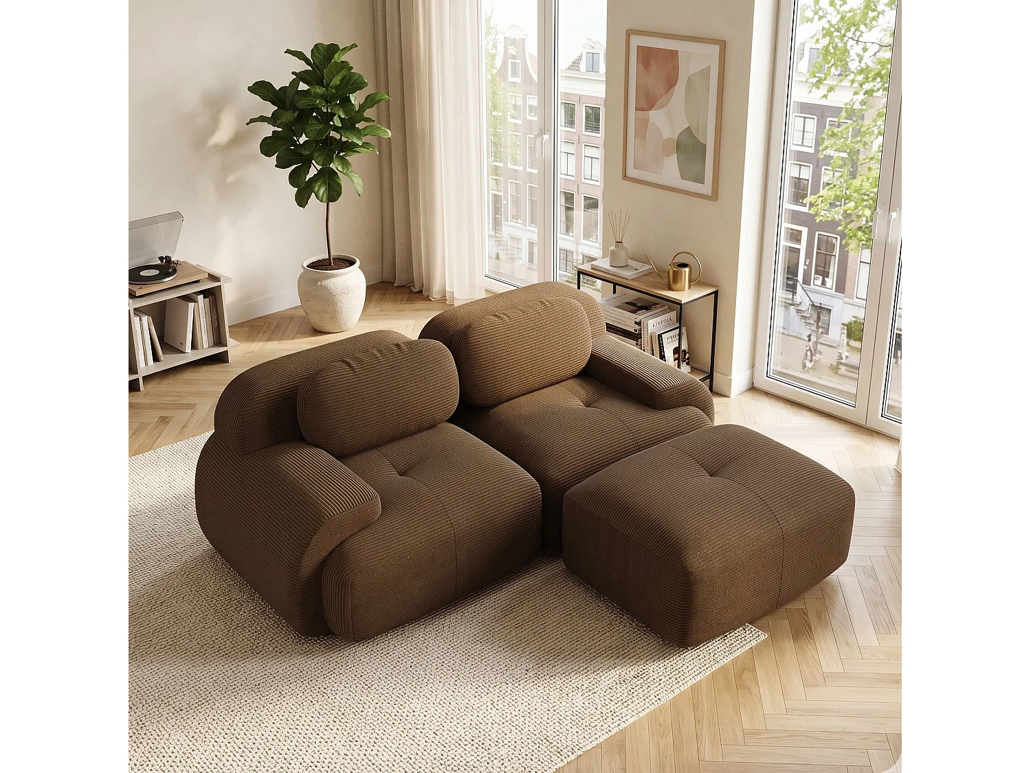 Canapé d'angle modulable en velours marron avec pouf et accoudoirs