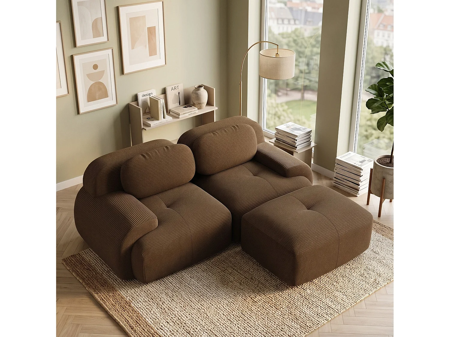 Canapé d'angle modulable en velours marron avec pouf et accoudoirs