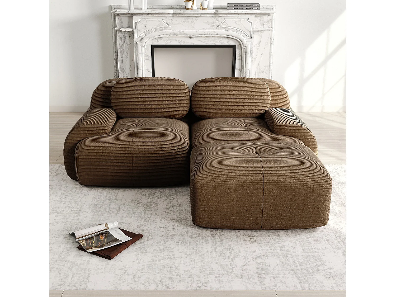 Canapé d'angle modulable en velours marron avec pouf et accoudoirs