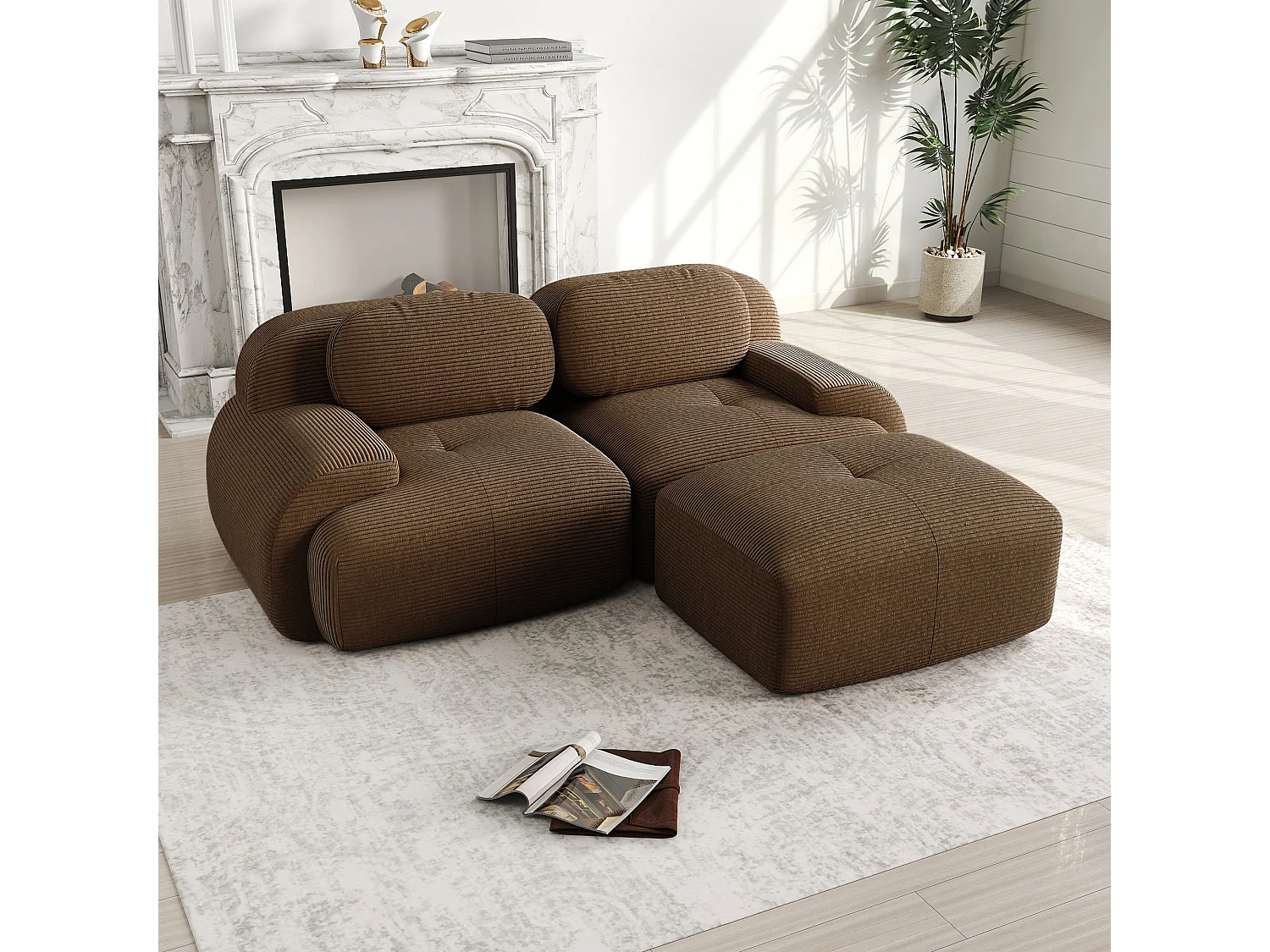 Canapé d'angle modulable en velours marron avec pouf et accoudoirs