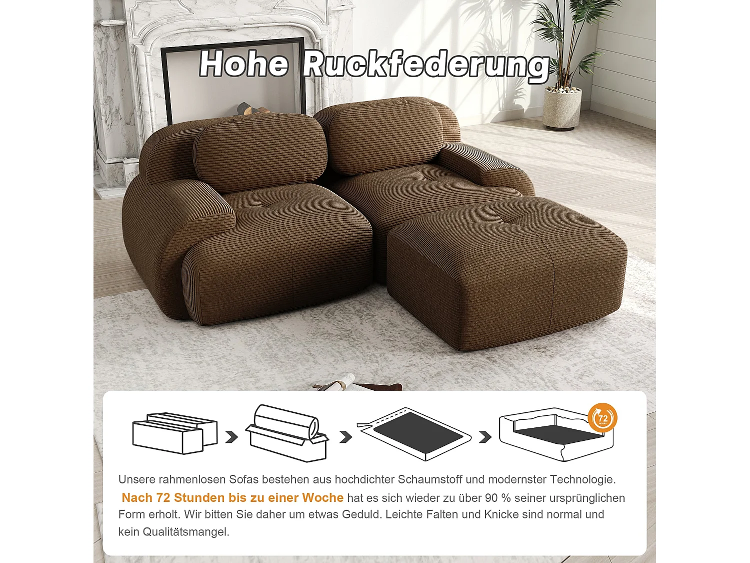 Canapé d'angle modulable en velours marron avec pouf et accoudoirs