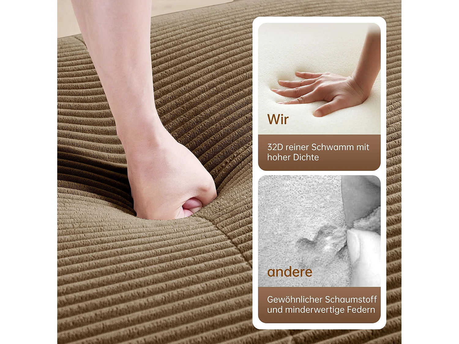 Canapé d'angle modulable en velours marron avec pouf et accoudoirs