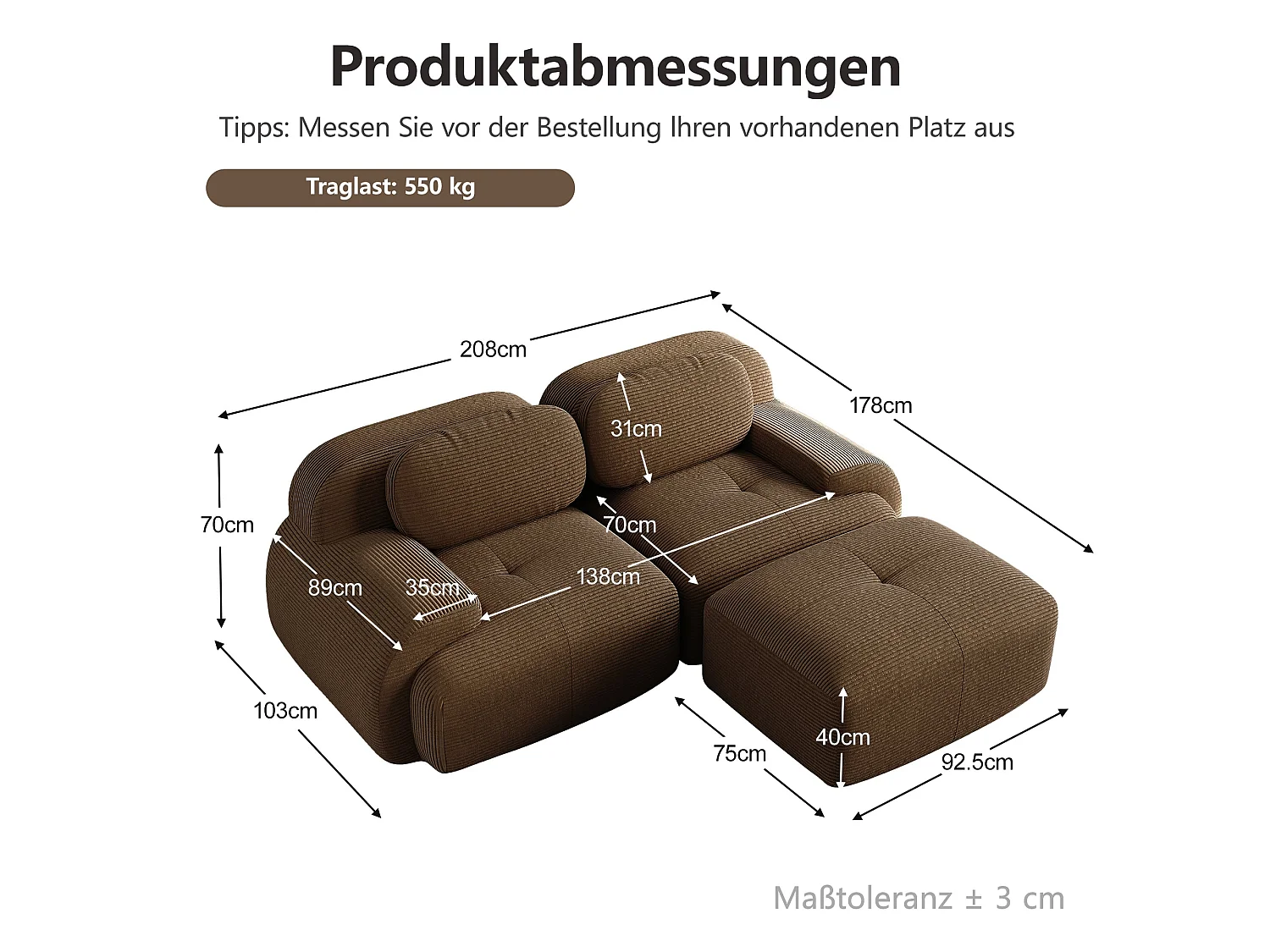 Canapé d'angle modulable en velours marron avec pouf et accoudoirs