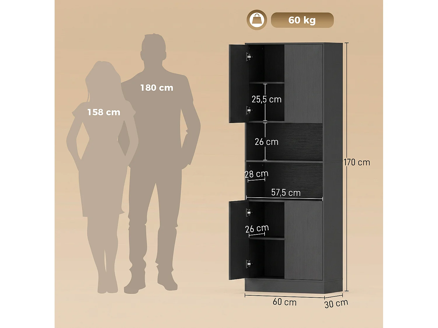 Buffet haut effet bois noir 4 portes 2 étagères 2 niches